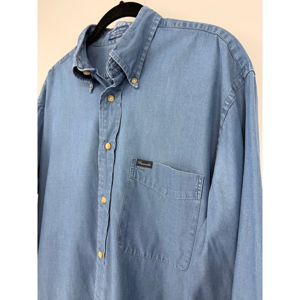 Faconnable Mens Medium Blue Denim Button Down Shirt Cotton Long Sleeve France